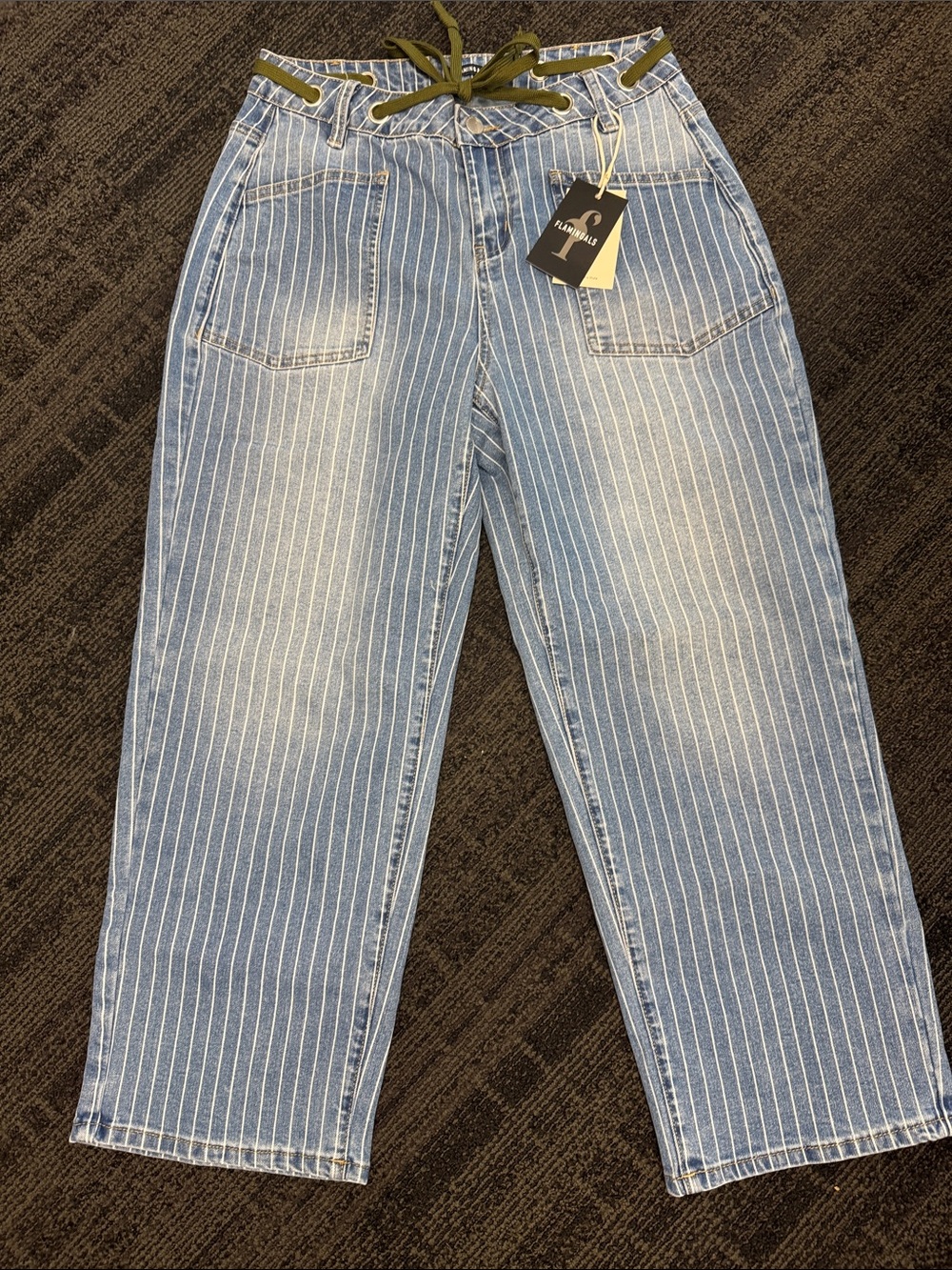 Striped Light Blue Straight-Leg Jeans with Drawstring Waist medium